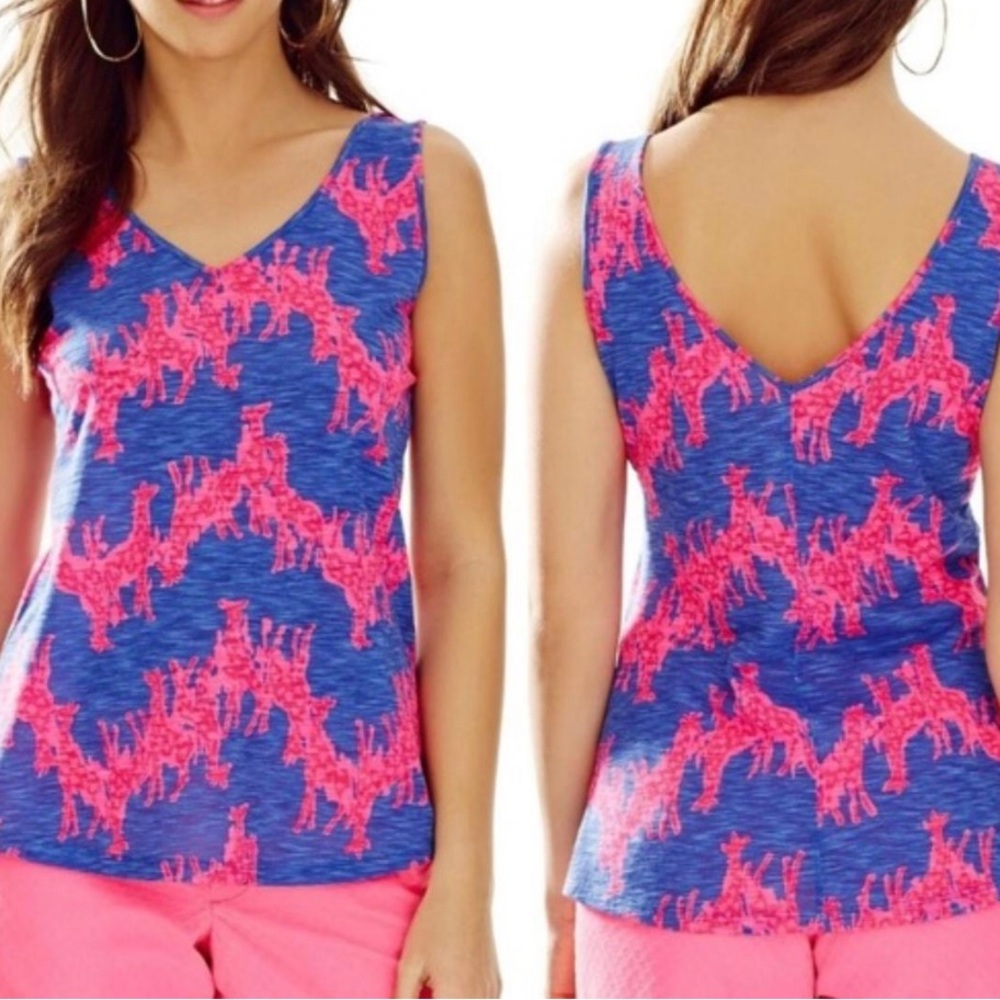 Lilly Pulitzer Blue and Pink Giraffe Print Lightweight V-Neck Tank Top Size L